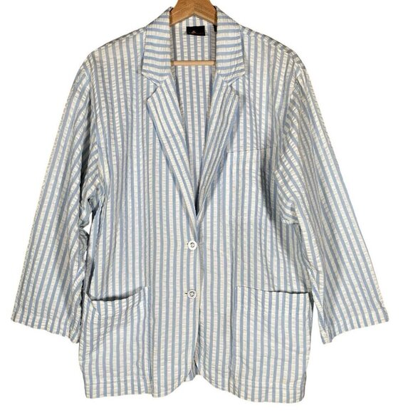 Vintage Liz Claiborne Sport Seersucker Blazer Size M Blue White Striped Jacket - Picture 1 of 12